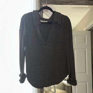 Free People We The Free Charcoal Long Sleeve Waffle knit Tee